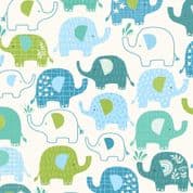 Makower In The Jungle - 8672 - Teal, Blue, and Green Elephants on White - 2602 B - Cotton Fabric