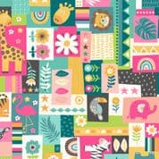 Makower In The Jungle - 8676 - Pink and Multicolour Jungle Montage - 2604 P - Cotton Fabric