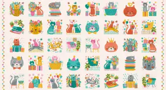 Makower UK - Whiskers - 8843 - panel - Fun and Cute Cat Squares on Off White - 013_Q - Cotton Fabric