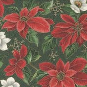 Merry Manor Metallic - 8612 - Poinsettias on Green - Moda 33660.14 - Cotton Fabric