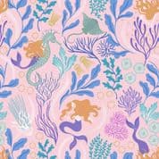 Moontide - 8110 - Mermaids on Pink with Gold Metallic - Lewis & Irene A620.1 - Cotton Fabric