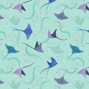 Moontide - 8122 - Stingrays on Teal with Silver Metallic - Lewis & Irene 624.1 - Cotton Fabric