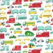 On the Go - 7531 - Moda 20721.11 - Trucks Cars Transport on White Cotton Fabric