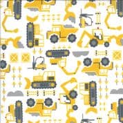 On the Go - 7539 - Moda 20724.11 - Yellow Diggers on White Cotton Fabric