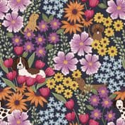 Paws and Claws - 8546 - Dogs in Flowers on Dark Blue - Lewis & Irene A709.3 - Cotton Fabric
