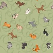 Paws and Claws - 8551 - Cats on Light Green - Lewis & Irene A711.2 - Cotton Fabric