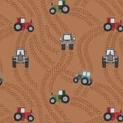 Piggy Tales - 7653 - Lewis & Irene A533.2 - Tractor Trails on Rust Cotton Fabric