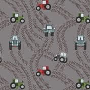 Piggy Tales - 7654 - Lewis & Irene A533.3 - Tractor Trails on Grey Cotton Fabric