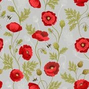 Poppies - 7827 - Poppy and Bee on Light Grey - Lewis & Irene 553.1 Cotton Fabric