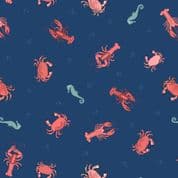 Small Things Coastal - 8531 - Crab Lobster Seahorse Dk Blue - Lewis & Irene SM58.3 - Cotton Fabric