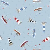 Small Things Coastal - 8532 - Boats & Lighthouses on Lt Blue - Lewis & Irene SM59.1 - Cotton Fabric