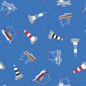 Small Things Coastal - 8533 - Boats Lighthouses Bright Blue - Lewis & Irene SM59.2 - Cotton Fabric