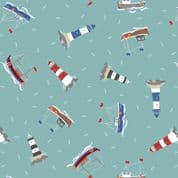 Small Things Coastal - 8534 - Boats Lighthouses on Sea Green - Lewis & Irene SM59.3 - Cotton Fabric