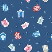Small Things Coastal - 8540 - Beach Huts on Dark Blue - Lewis & Irene SM61.3 - Cotton Fabric
