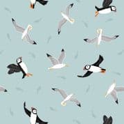 Small Things Coastal - 8541 - Puffins and Gulls on Light Blue - Lewis & Irene SM62.1 - Cotton Fabric
