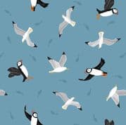 Small Things Coastal - 8542 - Puffins & Gulls on Coastal Blue - Lewis & Irene SM62.2 - Cotton Fabric
