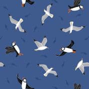 Small Things Coastal - 8543 - Puffins & Gulls on Dark Blue - Lewis & Irene SM62.3 - Cotton Fabric