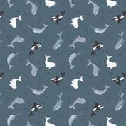 Small Things Polar Animals - 7864 - Whales on Dark Ocean - Lewis & Irene SM42.3 - Cotton Fabric