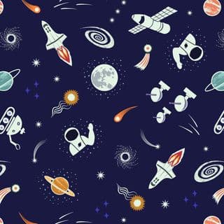 Space Glow - 8512 - Small Glow Space Motifs on Blue - Lewis & Irene 740.2- Cotton Fabric