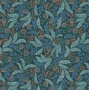 Wintertide - 7989 - Arts & Crafts Floral, Copper Metallic on Dark Blue - A585.3 - Cotton Fabric