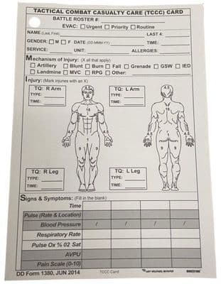 Double Sided Tactical Combat Casualty Care (TCCC) Card
