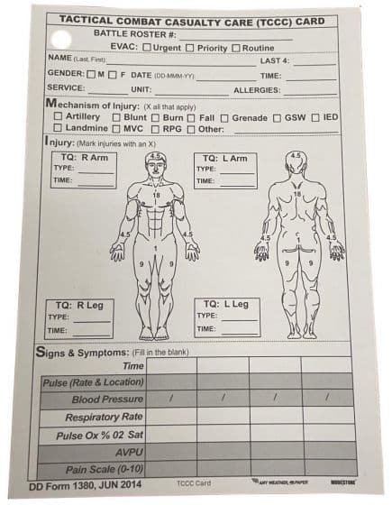 Double Sided Tactical Combat Casualty Care (TCCC) Card