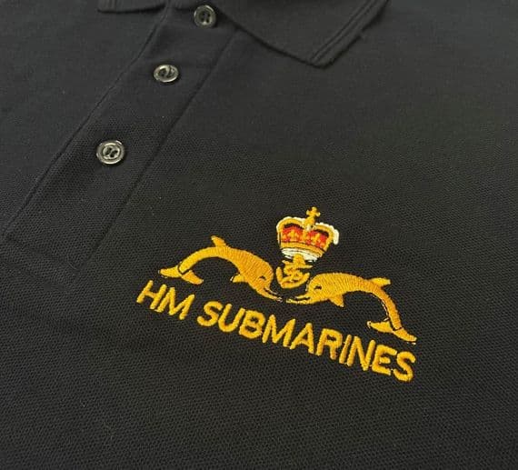 HM Submarines polo shirt with the dolphins badge embroidered on the