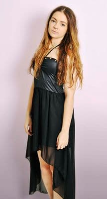 Black Halterneck Dipped Hem Dress with Studs