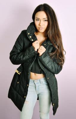 Black Padded Belted Zip Up Puffa Coat