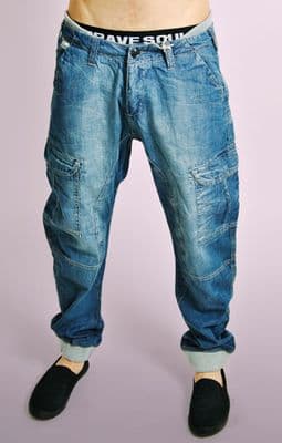 Blue Denim Jeans with Grey Ribbed Waistband & Cuffs