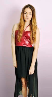 Burgundy Halterneck Dipped Hem Dress with Studs