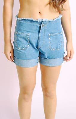 Frayed Denim Shorts with Stude Detail