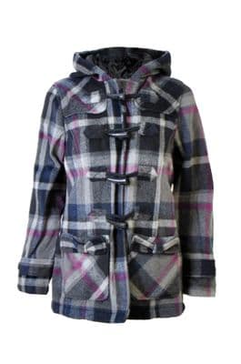 Girls Pink/Purple/Grey Checked Coat with Hood & Toggles