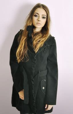 Ladies Black Military Style Coat with Frills