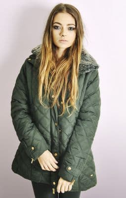 Ladies Olive Quilted Jacket with Removable Fur Collar