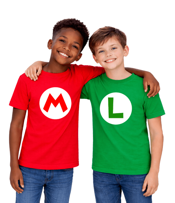 MARIO Red LUIGI Green T- shirt Top Super Brothers Gaming Retro Adults Kids Tops