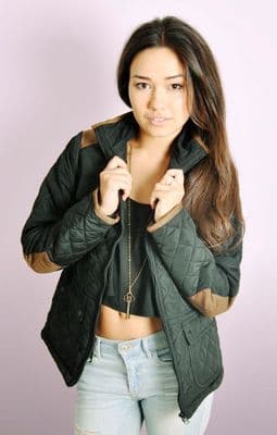 Quilted High Neck Jacket with Contrast Shoulder and Elbow Patches