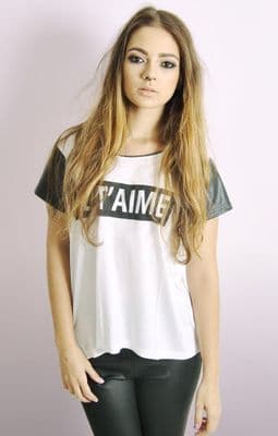 Slogan Tee With PU Sleeve