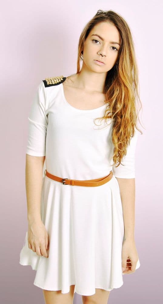 Studded Shoulder Skater Dress FREE Belt