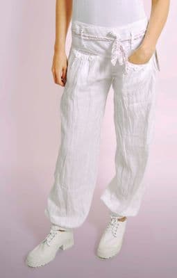 White Linen Trousers With Floral Belt
