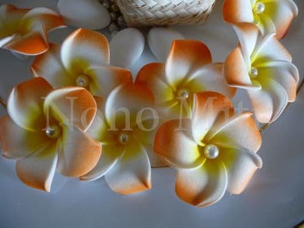 12-30 x  tête fleurs frangipanier + perle * 4cm orange