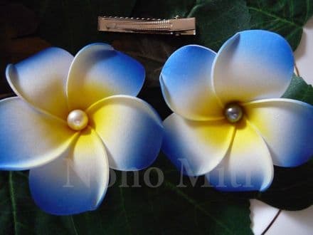 Pince cheveux frangipanier Kauai & perle *bleu