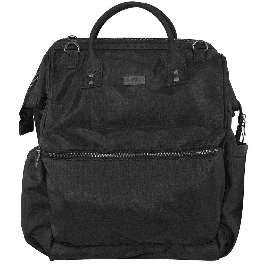 black leather backpack changing bag