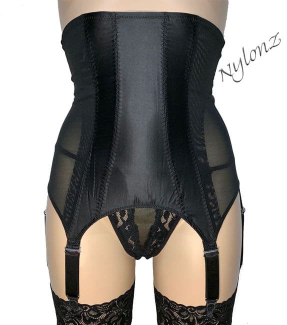 'Vixen' Vintage Style Waspie / Cincher Black - 6 Strap Chrome Suspenders