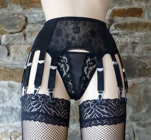 10 Strap Lace Panel Suspender Belt Black