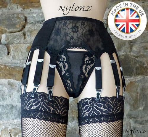 14 Strap Lace Panel Suspender Belt Black