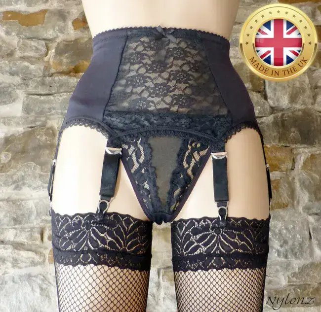 6 Strap Lace Front Suspender Belt Black
