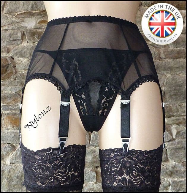 6 Strap PowerMesh Suspender Belt Black