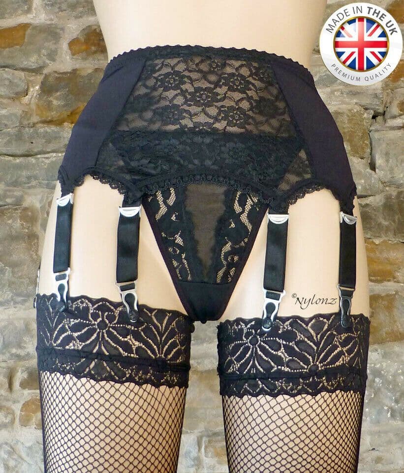 8 Strap Lace Front Suspender Belt Black
