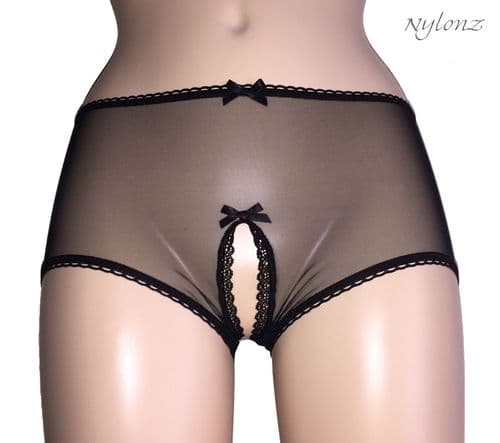 Completely Sheer 100% Nylon CROTCHLESS BRIEF Panties BLACK